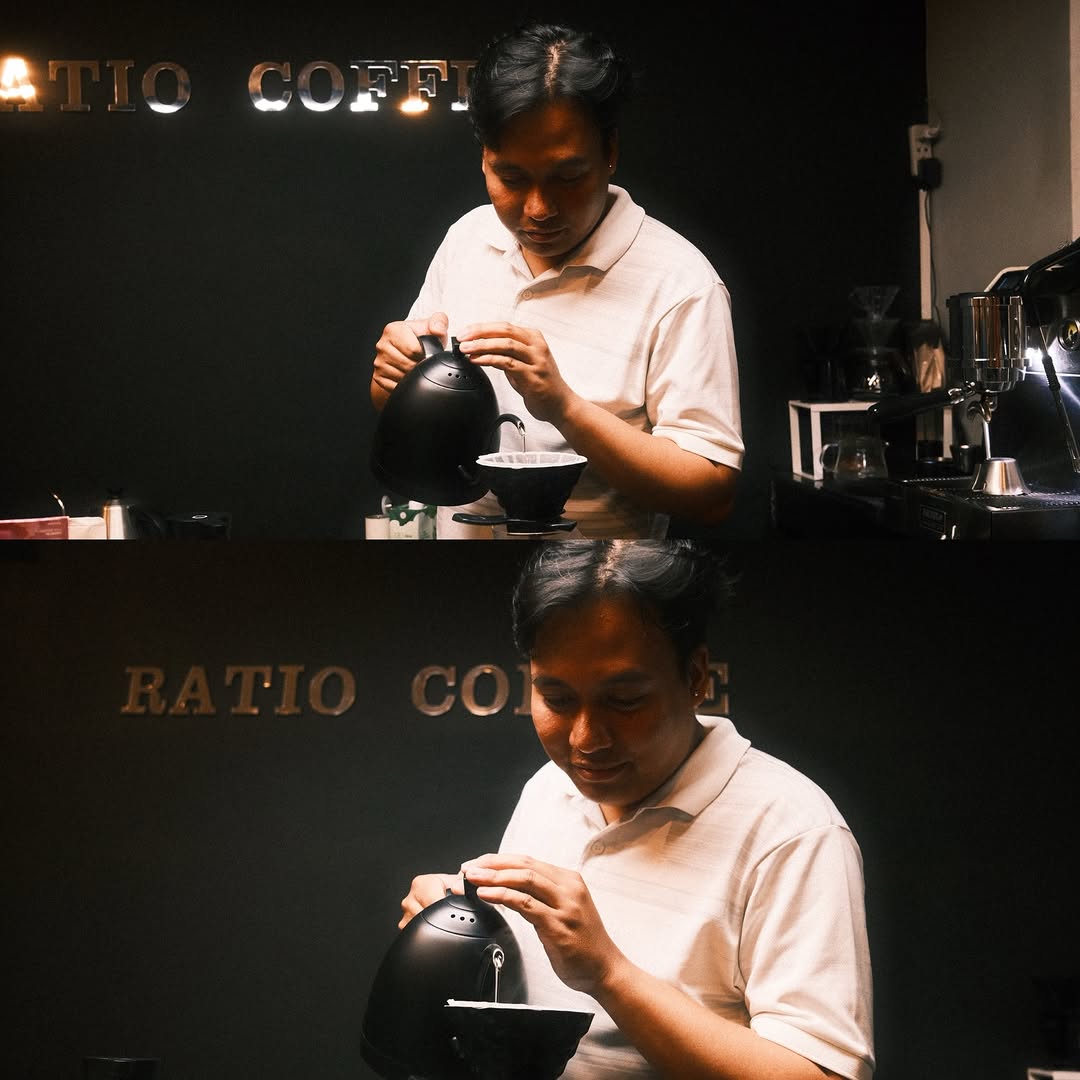 Barista brewing pour-over at Ratio Coffee bar